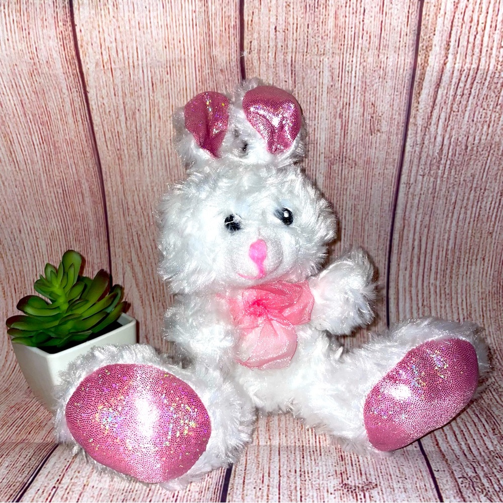 Greenbrier White Plush Bunny Rabbit Pink Sparkle Ears Paws Stuffed Animal Toy 8"